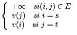 $ \left \lbrace \begin{array}{l}
+\infty \quad si (i, j) \in E \\
v(j) \quad si\ i = s\\
v(i) \quad si\ j = t\\
\end{array} \right.$