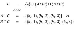 \begin{eqnarray*}
\mathcal{C} & = & \{s\} \cup (A \cap \mathcal{C}) \cup (B \cap...
...{C} & = & \{(b_{2}, 1), (b_{2}, 2), (b_{2}, 3), (b_{2}, 4)\} \\
\end{eqnarray*}